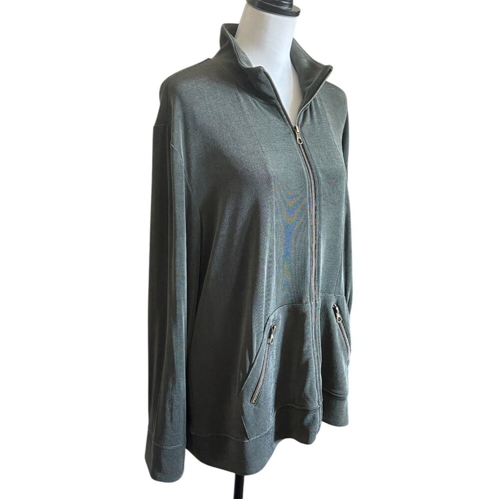 Chico's Travelers XL (3) Moss Green Full Zip Flowy Jacket Travel Lounge Vacay - Picture 2 of 7